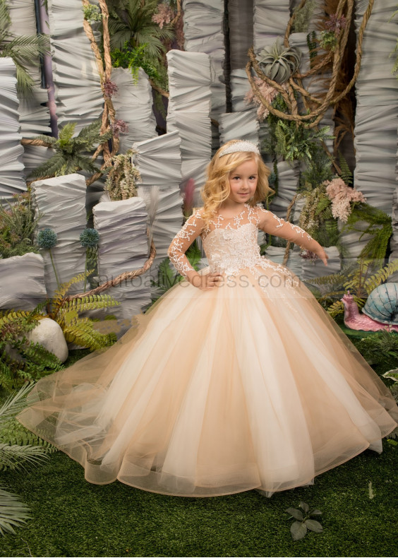 Cappuccino And Ivory Lace Tulle Floor Length Flower Girl Dress